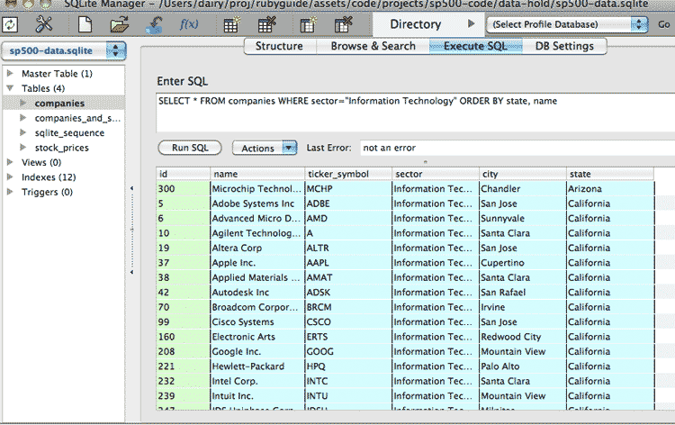 The results from an example query in the SQLite Manager plugin for Firefox